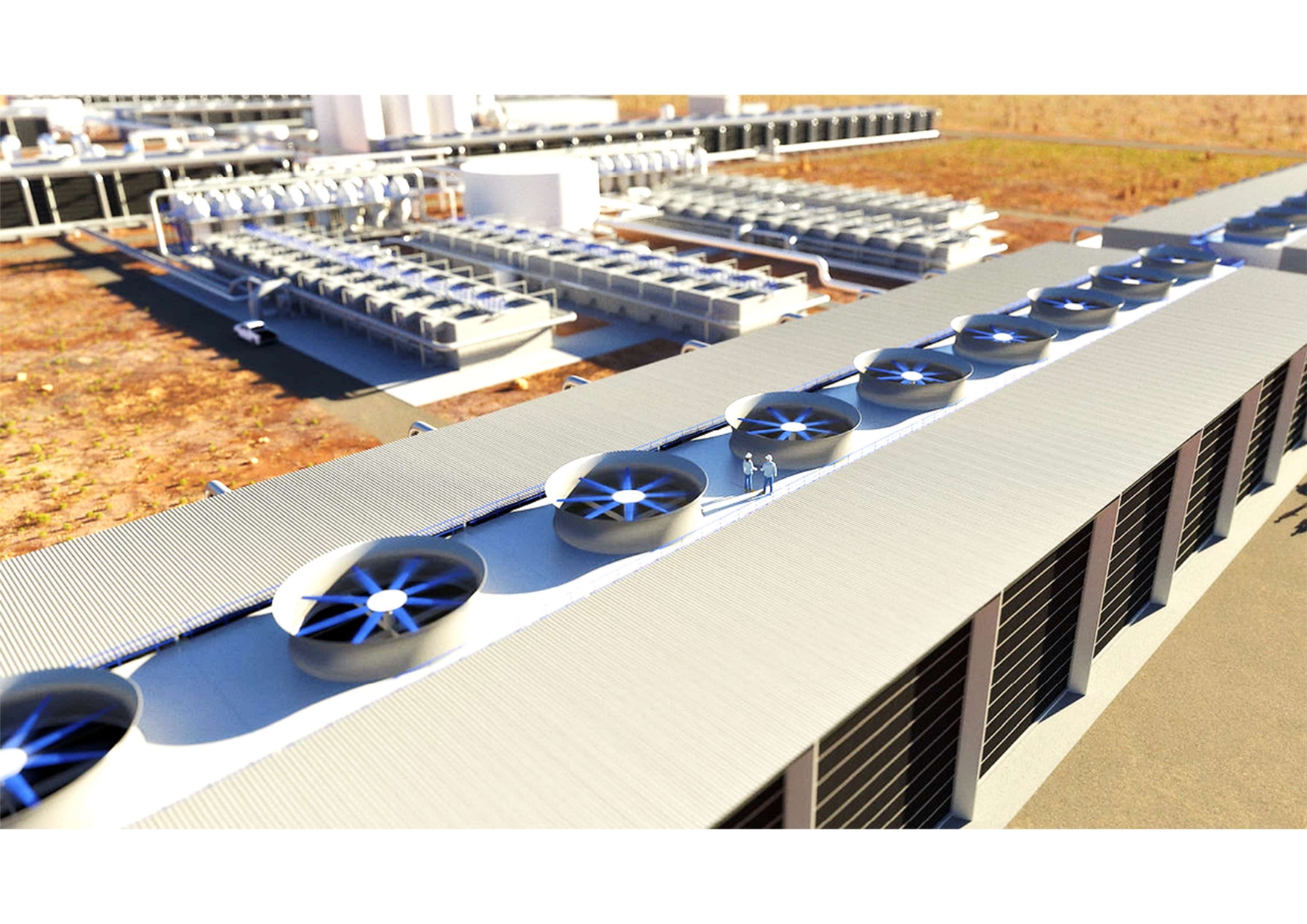 A 3d rendering of a Direct Air Capture (DAC) facility.