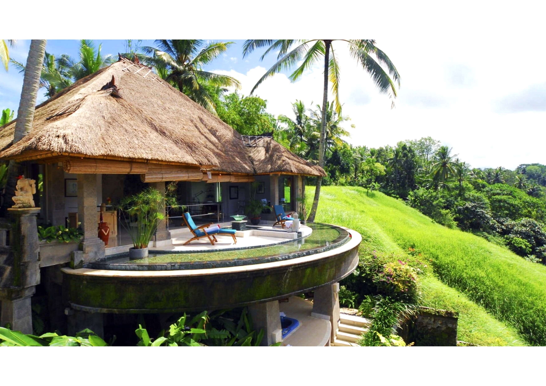 A house with a pool and a thatched roof.