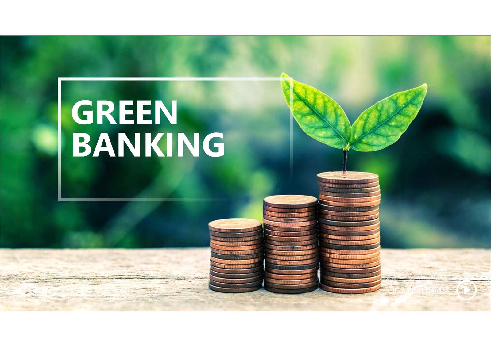 A conceptual image showing stacked coins with a plant sprouting from the top, next to the words "green banking" on a natural backdrop.