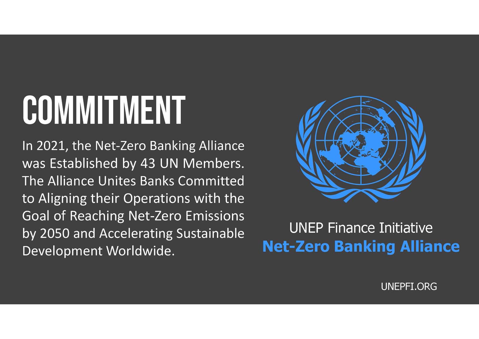 Graphic displaying information about net-zero banking alliance with unep logo, stating its commitment to achieving net-zero emissions by 2050 with 43 un members.