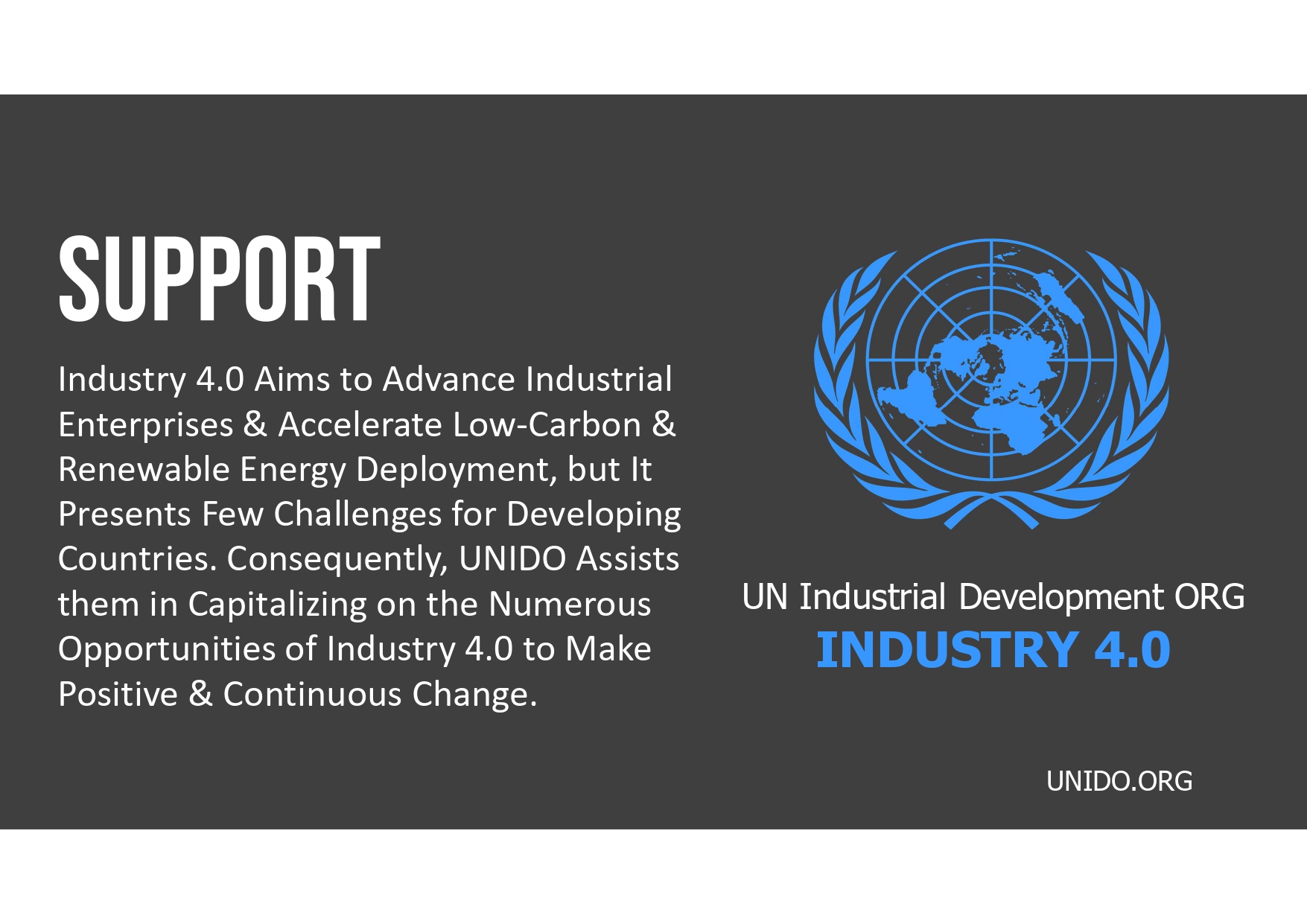Promotional graphic for unido, focusing on supporting industry 4.0 to advance industrial renewables and energy efficiency in developing countries.
