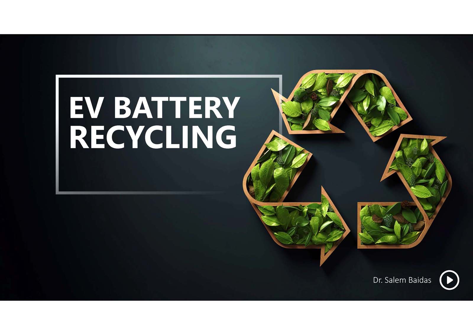 EV Battery Recycling" written next to a recycling symbol filled with green leaves and a small triangle with a play button in the bottom right corner with the name "Dr. Salem Baidas" underneath.