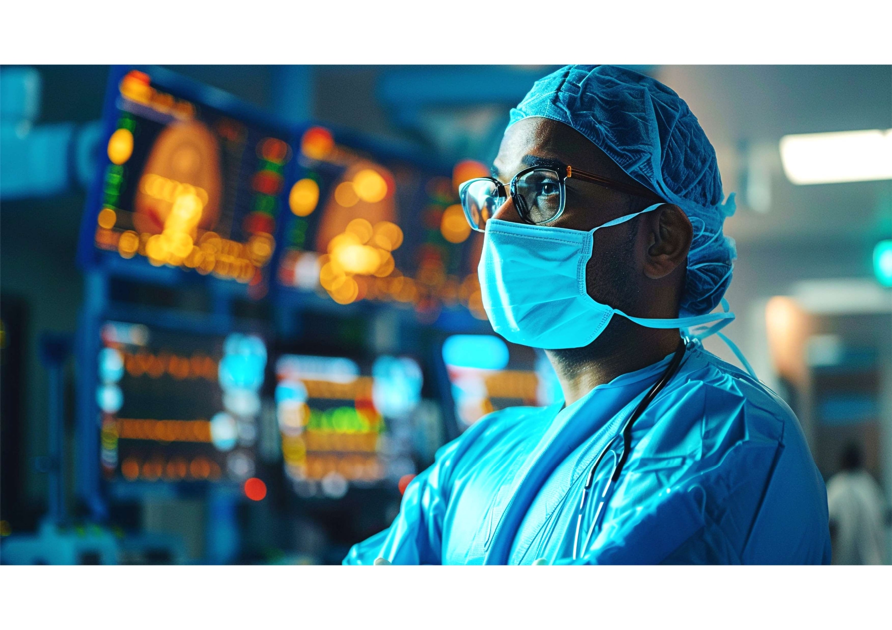 A medical professional wearing a surgical mask, scrub cap, and glasses stands in an operating room with monitors displaying vital signs in the background.