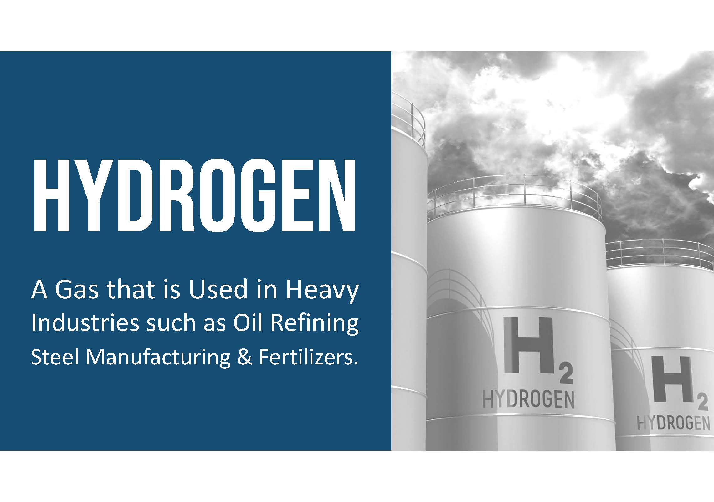 Large storage tanks labeled "H2 Hydrogen" with text explaining hydrogen is used in oil refining, steel manufacturing, and fertilizer production.