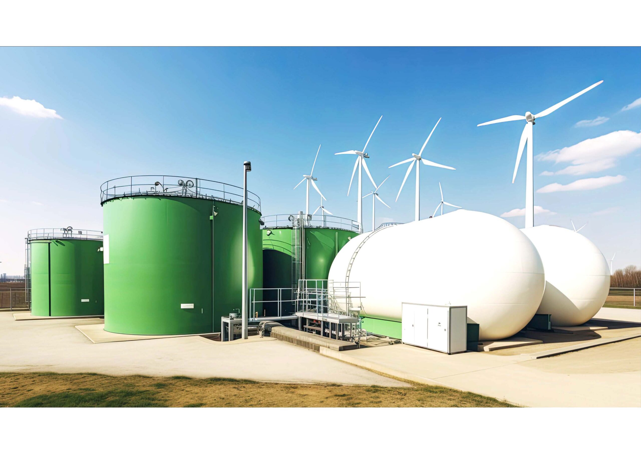 Green and white storage tanks are situated beside several wind turbines at an industrial energy facility under a clear blue sky.