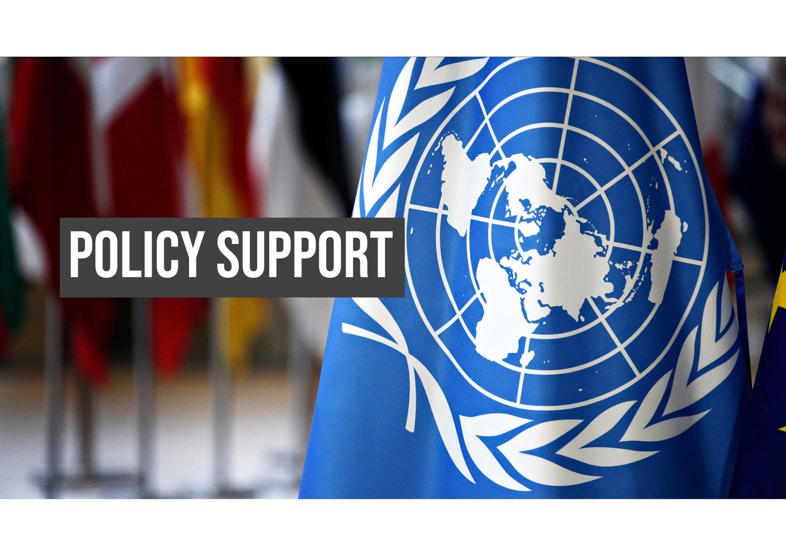 A blue flag with the United Nations emblem is displayed next to a "Policy Support" text overlay, with blurred national flags in the background.