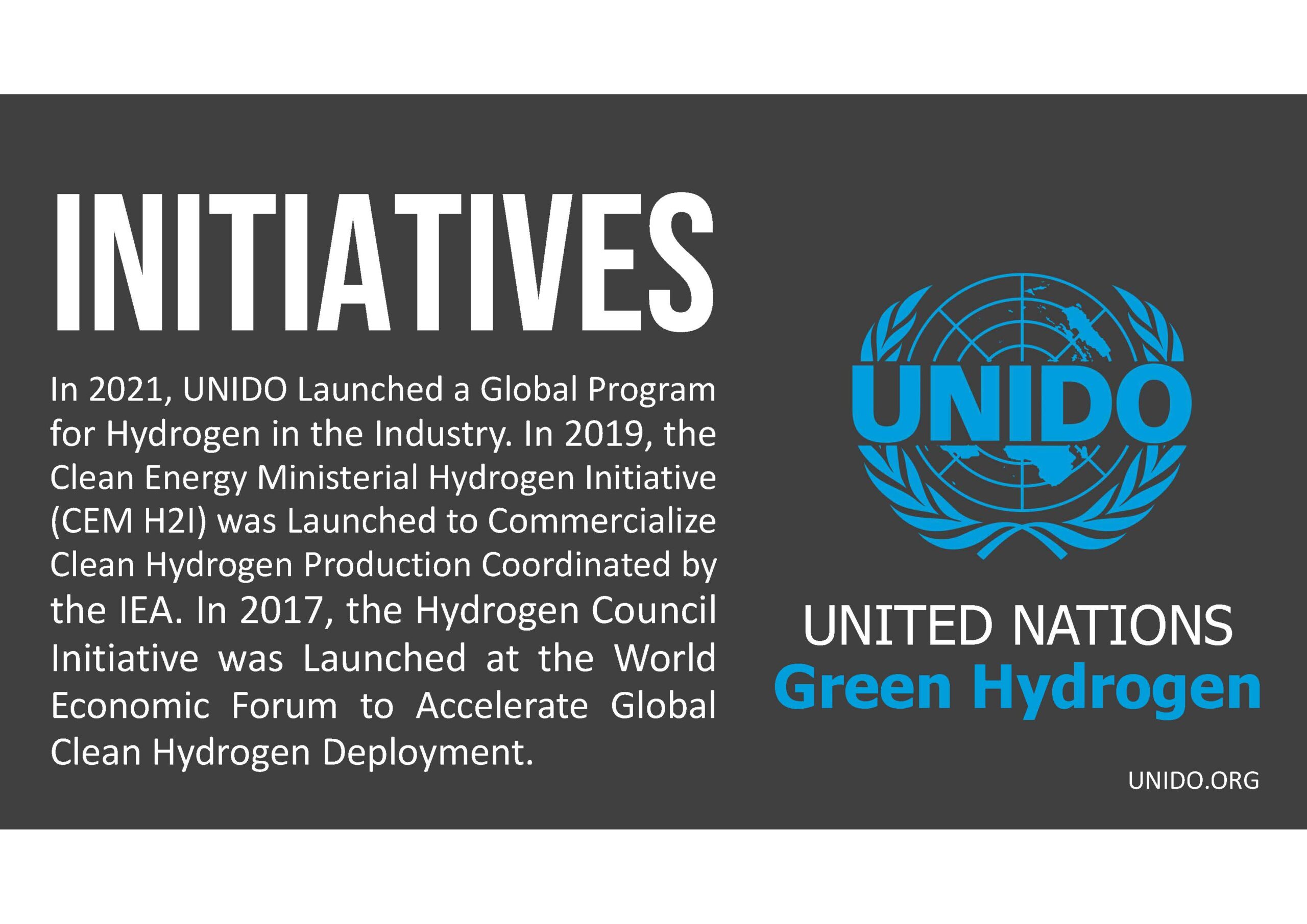 Text graphic titled "INITIATIVES" describing UNIDO's global programs and initiatives for hydrogen in industry, featuring the UNIDO logo and "United Nations Green Hydrogen" text.