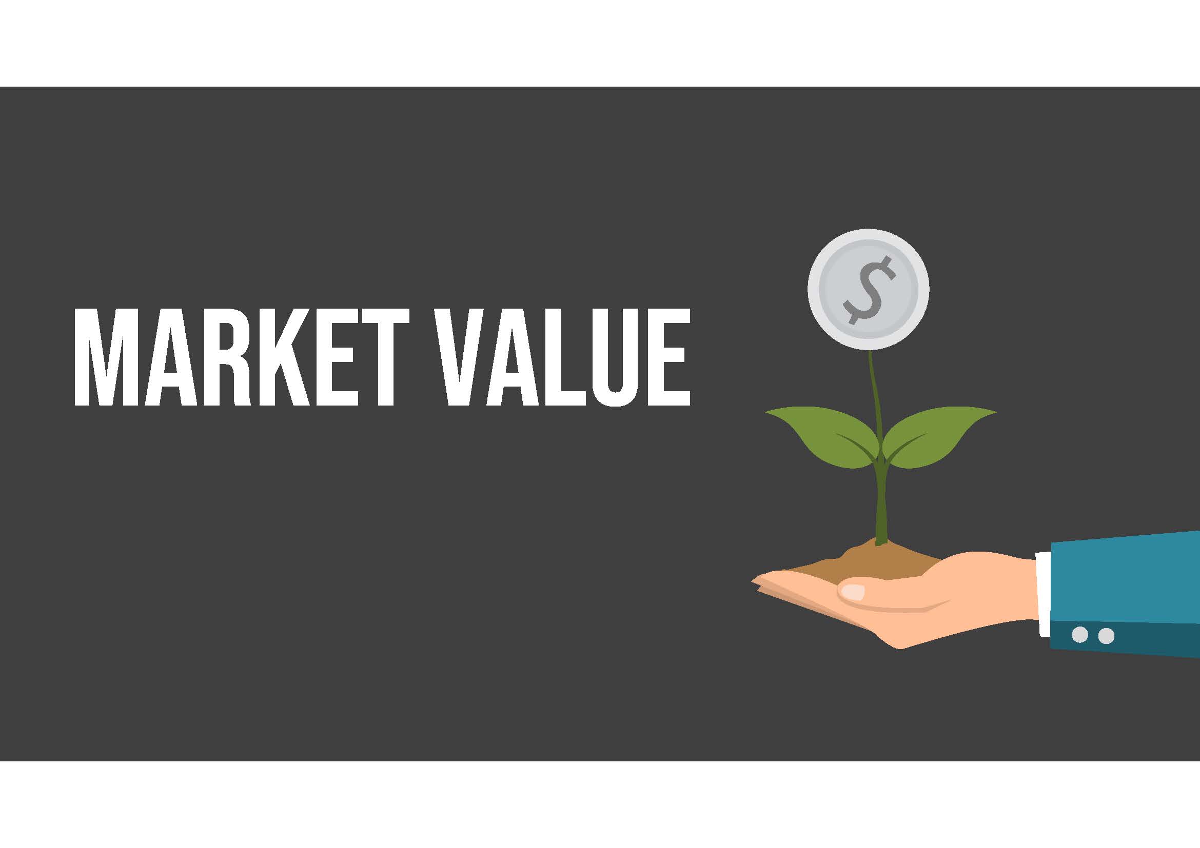 A hand holding soil with a plant growing, topped with a coin. The text "MARKET VALUE" appears on a dark background.