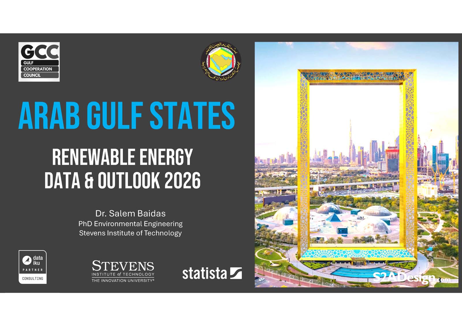 Presentation cover titled "Arab Gulf States Renewable Energy Data & Outlook 2026" with cityscape and large golden frame; logos of GCC, Stevens, Statista, and others are visible.
