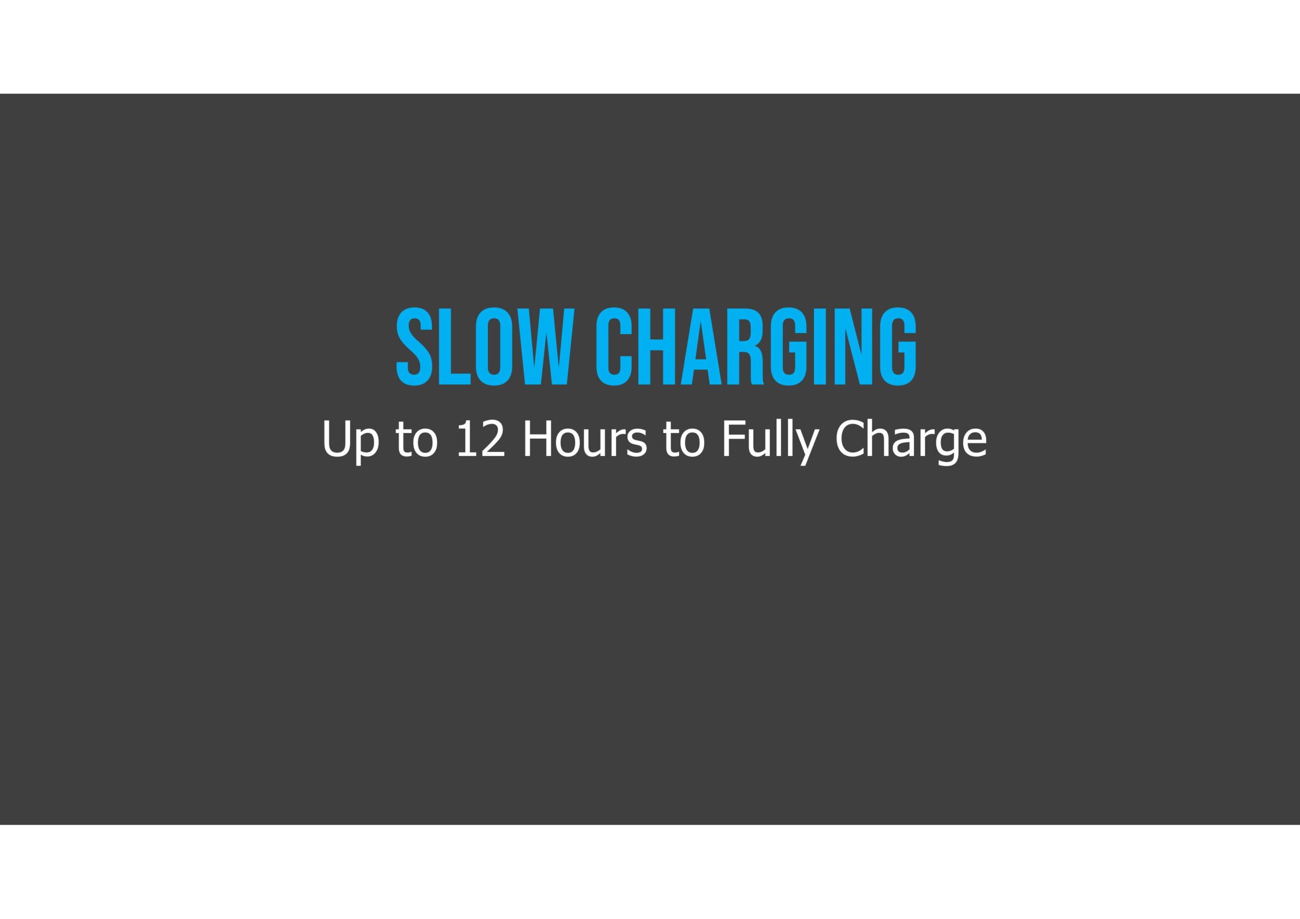 A gray background with the words "SLOW CHARGING" in blue and "Up to 12 Hours to Fully Charge" in white.