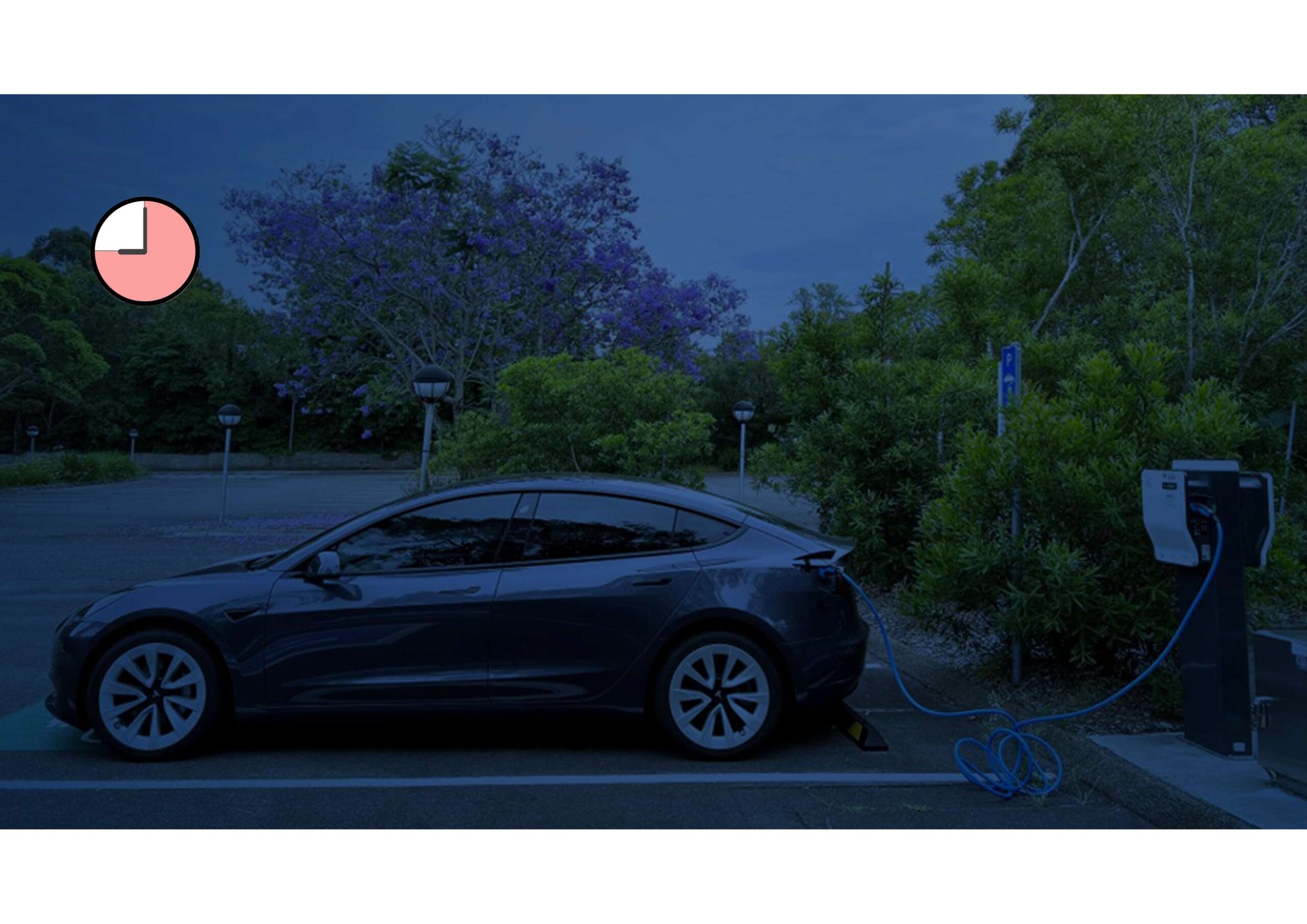 A black electric car is parked in a lot, plugged into a charging station, with trees and greenery in the background. A pie chart icon is overlaid in the top left corner.