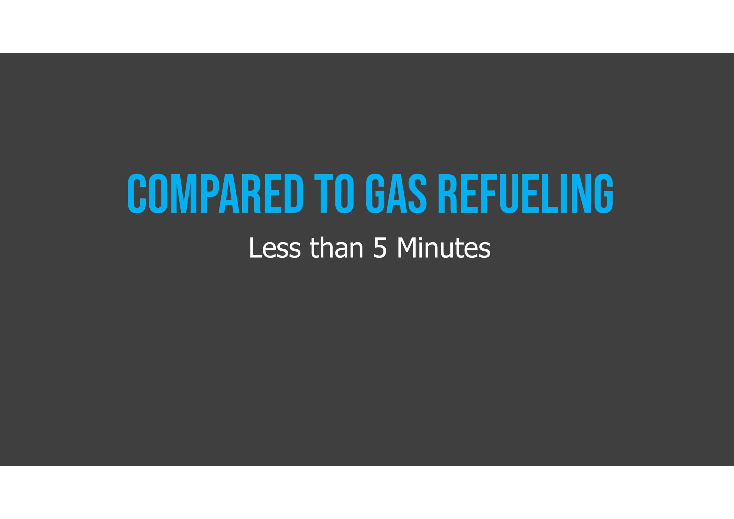 Text reads: "Compared to Gas Refueling: Less than 5 Minutes" on a dark gray background with blue and white text.