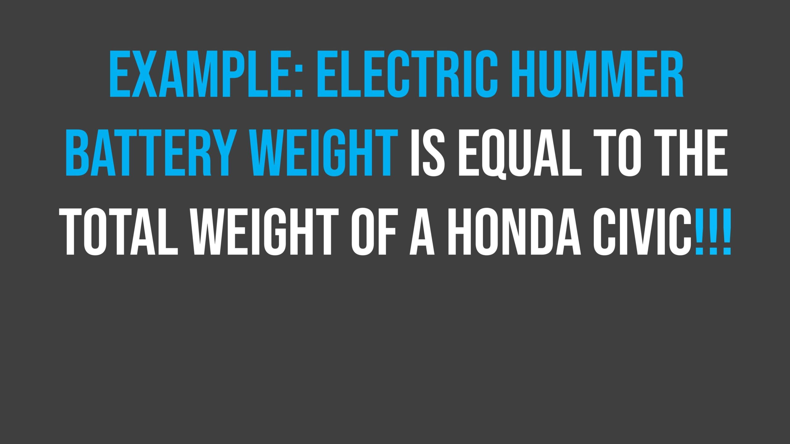 Text states: "Example: Electric Hummer battery weight is equal to the total weight of a Honda Civic!!!" on a dark gray background.