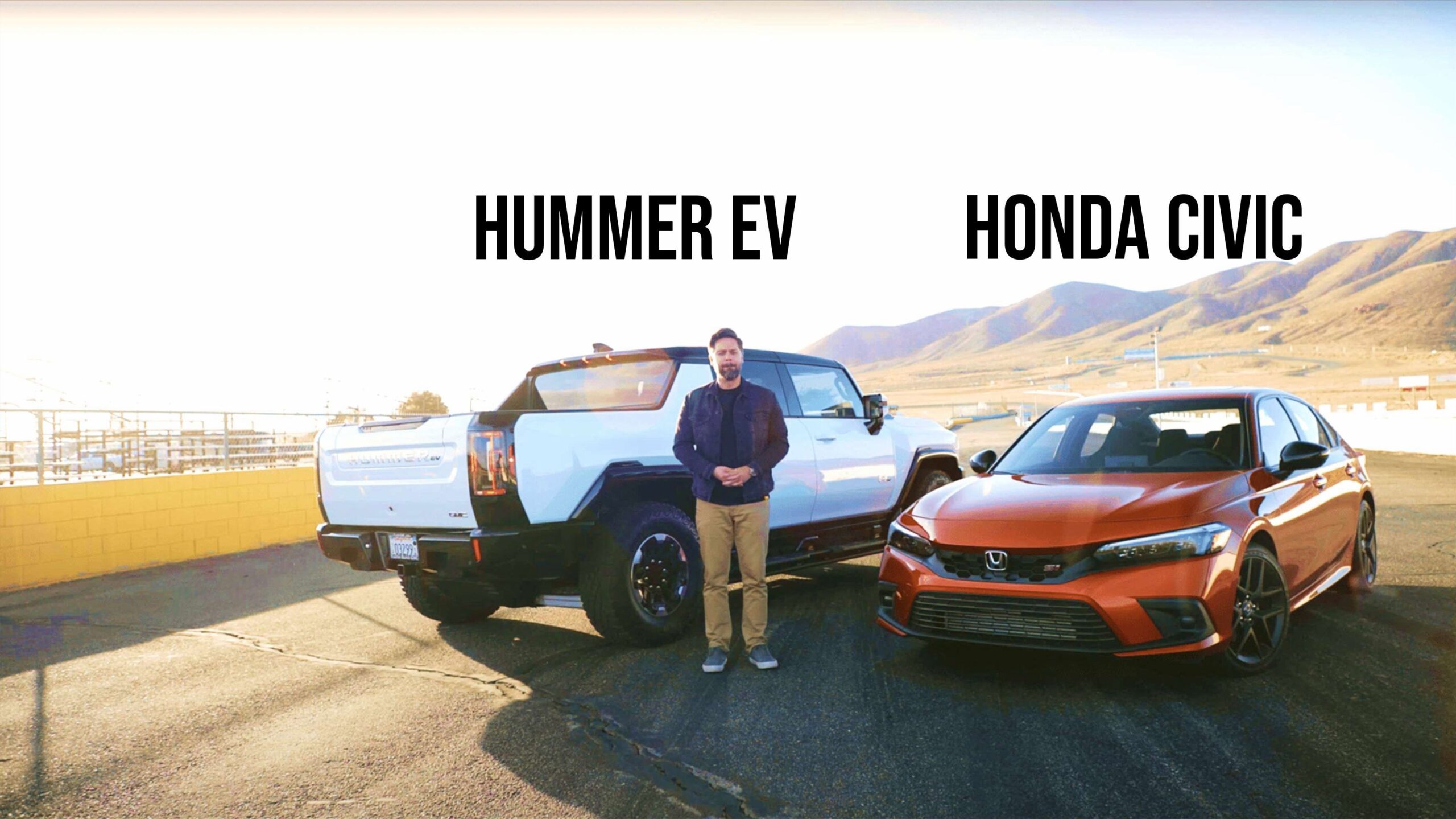 A man stands between a white Hummer EV and an orange Honda Civic parked side by side on a sunny day, with mountains in the background. Labels identify each vehicle.