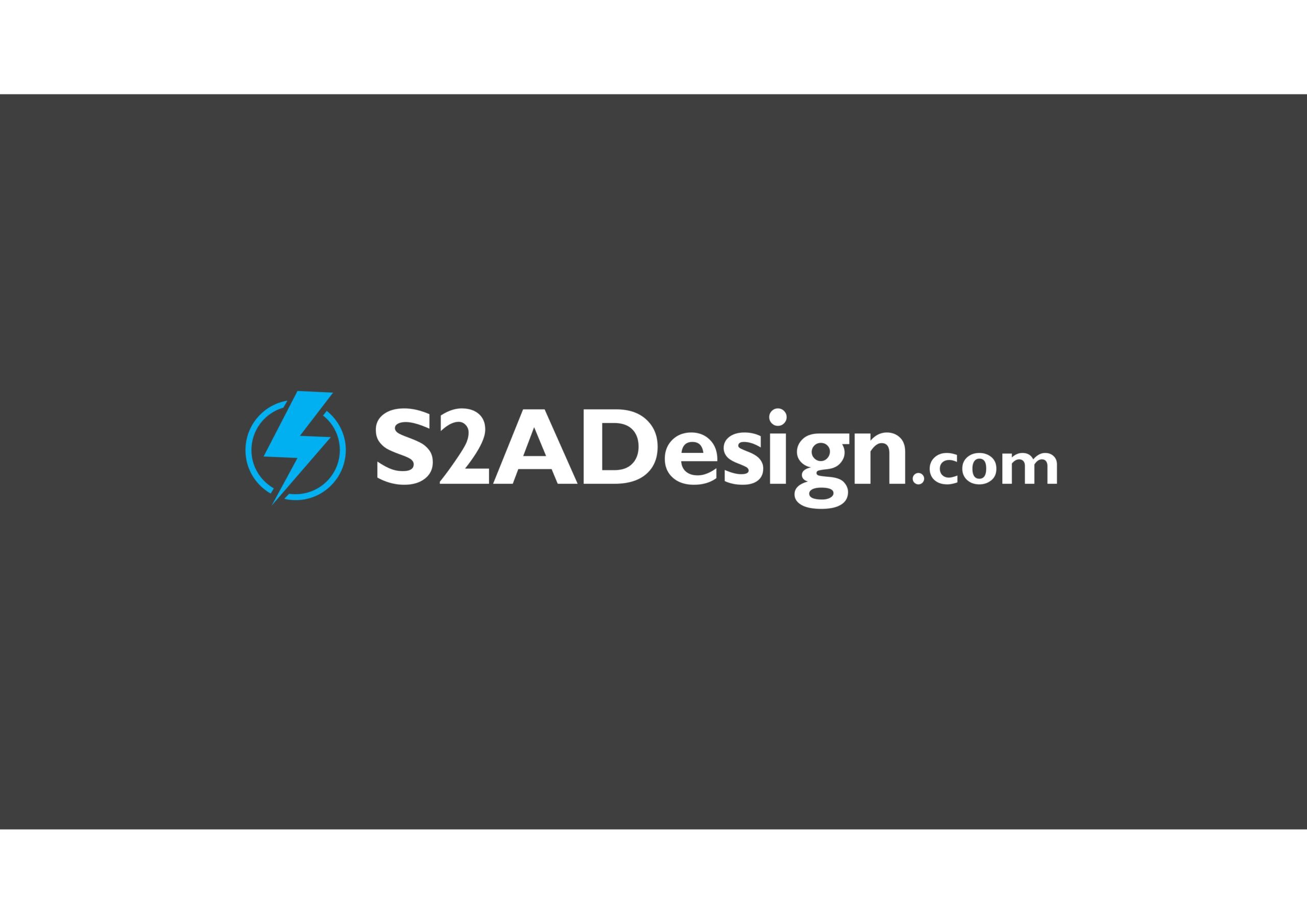 Logo on a dark gray background with a blue lightning bolt symbol next to the text "S2ADesign.com" in white and gray lettering.