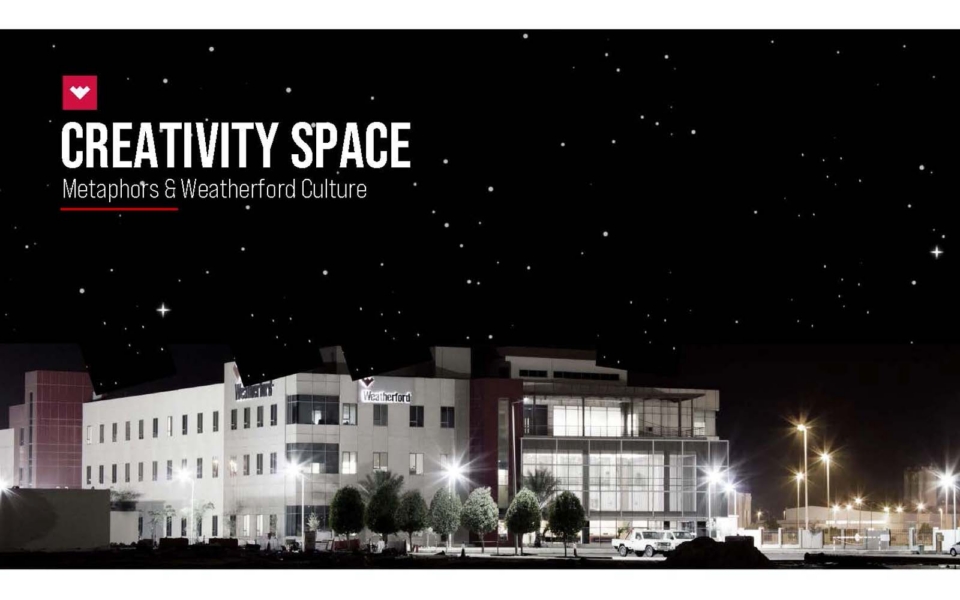 Night view of a modern building complex with lit windows and streetlights; text reads "CREATIVITY SPACE, Metaphor's & Weatherford Culture" against a starry sky background.