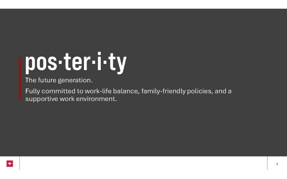 The word "posterity" is defined, with text stating commitment to work-life balance, family-friendly policies, and a supportive work environment.