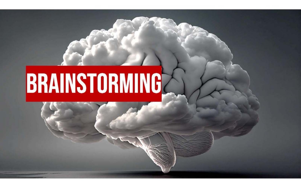 A realistic illustration of a human brain with the word "BRAINSTORMING" in bold white letters on a red background across it.