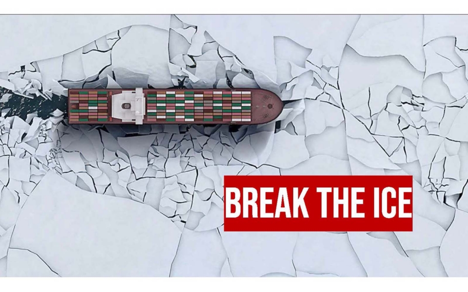 A cargo ship seen from above breaks through cracked sea ice; bold red text reads "BREAK THE ICE.