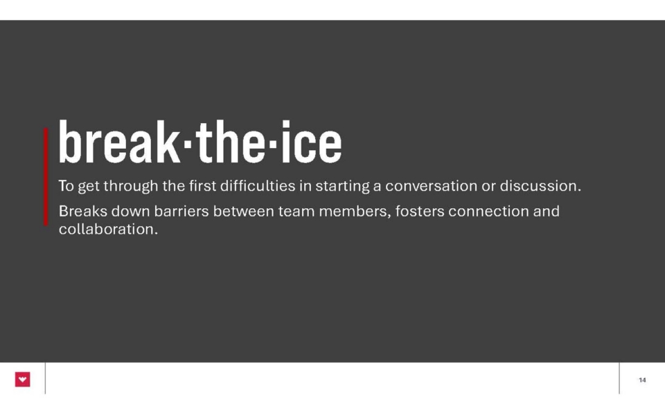 Slide with the phrase “break the ice” defined as overcoming initial conversation difficulty, helping team members connect and collaborate, on a dark background.