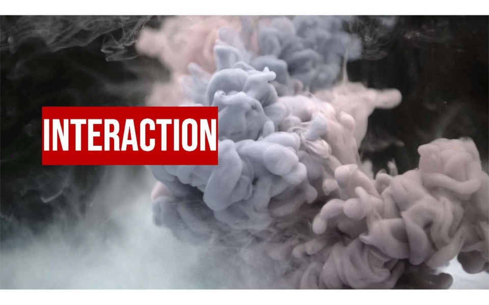 Clouds of purple and pink smoke swirl together on a dark background, with the word "INTERACTION" in bold white letters on a red rectangle overlay.