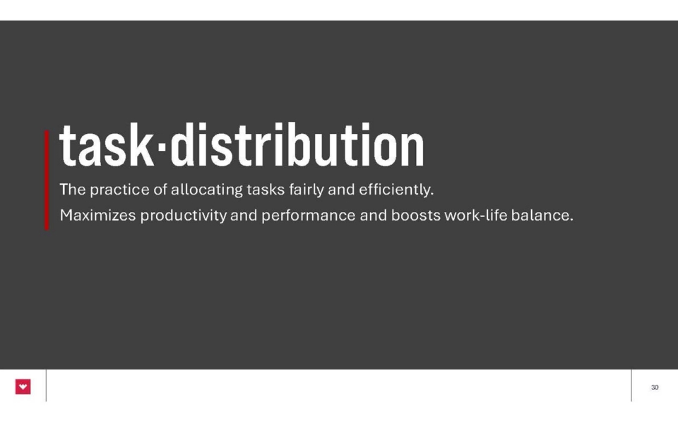 Slide with the heading “task distribution” and text describing it as fair task allocation that maximizes productivity, performance, and work-life balance on a dark gray background.