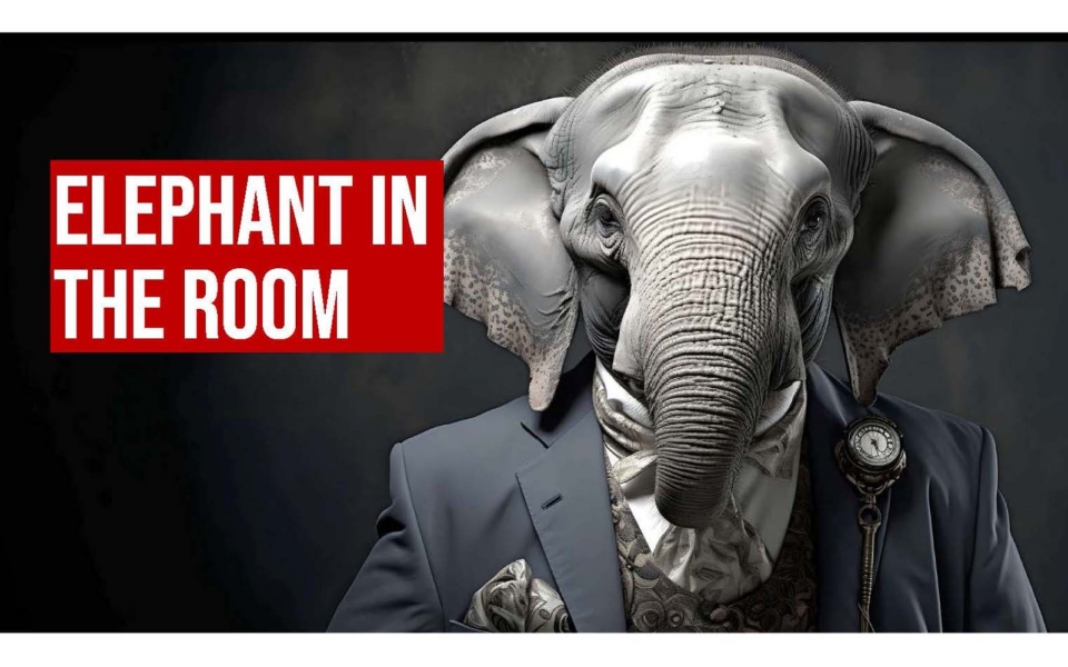 A human figure in a suit with an elephant head, next to a bold red sign that reads “ELEPHANT IN THE ROOM.”.