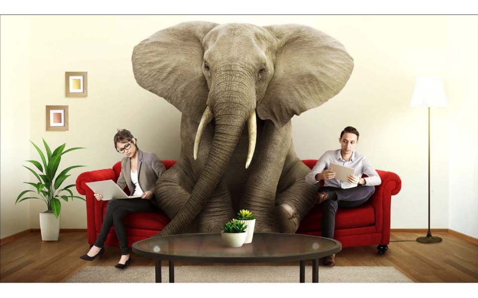 Two people sit on a red couch with a large elephant between them in a living room, both looking at tablets and not acknowledging the elephant.