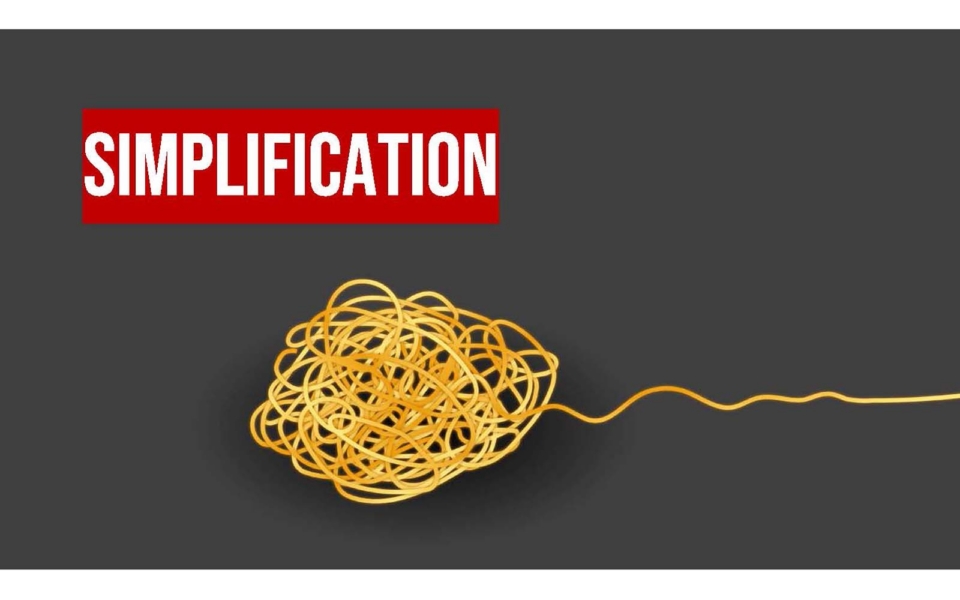 A tangled yellow line unravels into a straight line on a dark background, with the word "SIMPLIFICATION" in bold white text on a red rectangle.