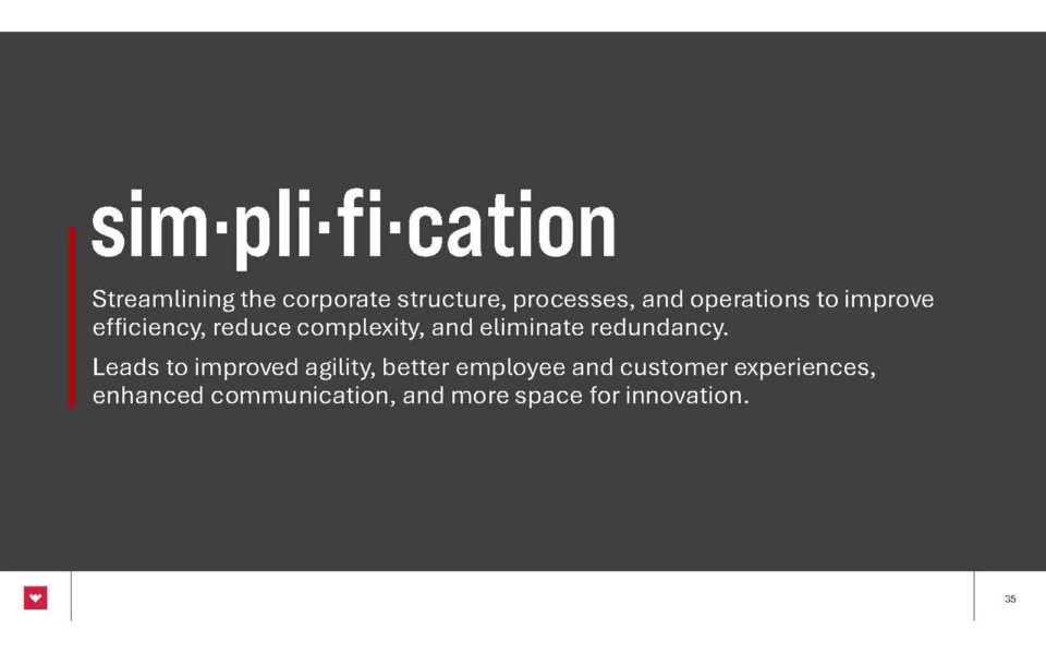 A slide defining "simplification" as streamlining corporate structure, processes, and operations to improve efficiency, reduce complexity, and eliminate redundancy.