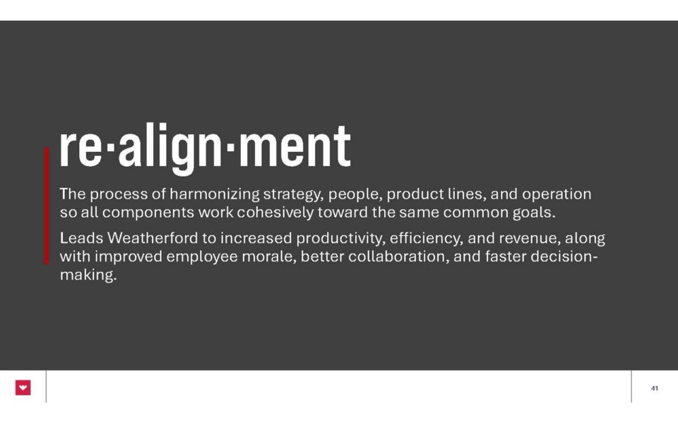 Slide defining "re-alignment" as harmonizing strategy, people, products, and operations to boost productivity, efficiency, revenue, morale, collaboration, and decision-making.