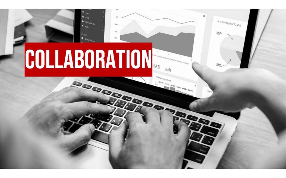 Two people work on a laptop with charts on the screen; one types while the other points. The word "COLLABORATION" is highlighted in red text.