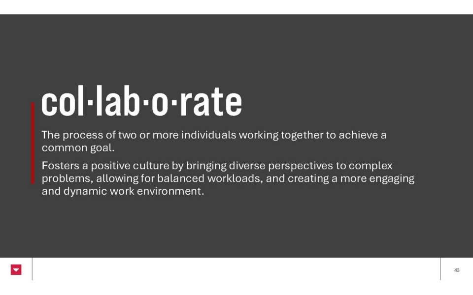 Slide defining "collaborate," describing it as joint work towards a goal and highlighting benefits like positive culture, diversity, balanced workloads, and an engaging environment.