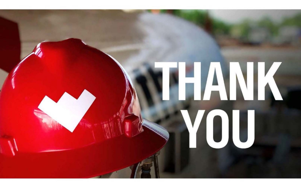 A red hard hat with a white heart shape is in the foreground, with the words "THANK YOU" in bold white letters on the right side.