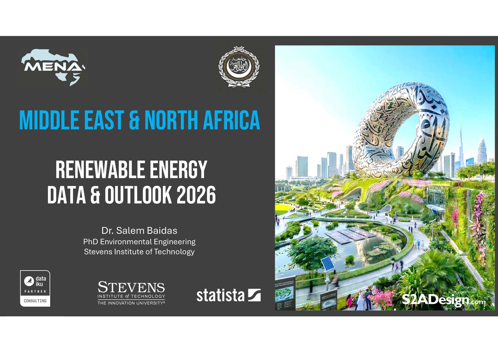 Presentation slide titled "Middle East & North Africa Renewable Energy Data & Outlook 2026" with cityscape and futuristic building image on the right.