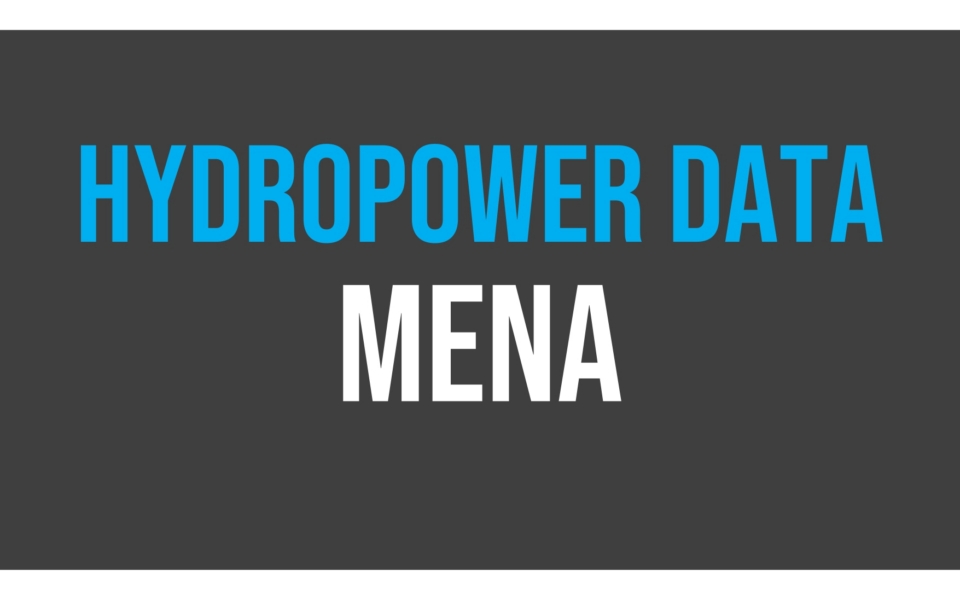 Text on a dark gray background reads "HYDROPOWER DATA" in blue and "MENA" in white, indicating information about hydropower in the Middle East and North Africa region.